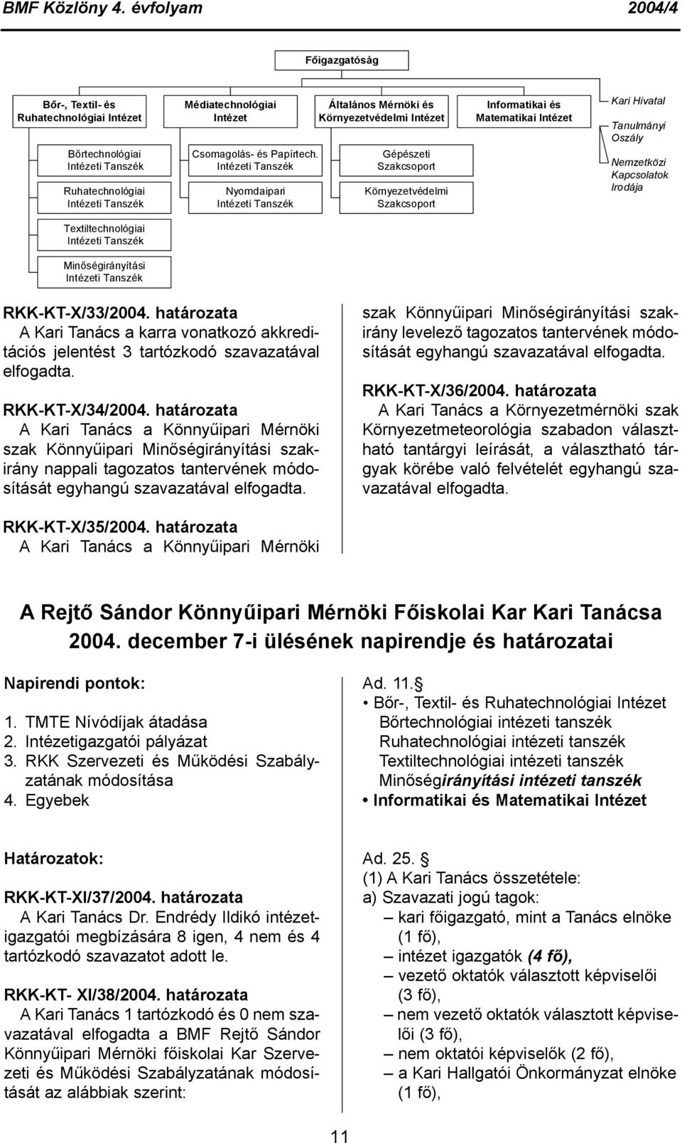 Tanulmányi Oszály Nemzetközi Kapcsolatok Irodája Textiltechnológiai Intézeti Tanszék Minőségirányítási Intézeti Tanszék RKK-KT-X/33/2004.