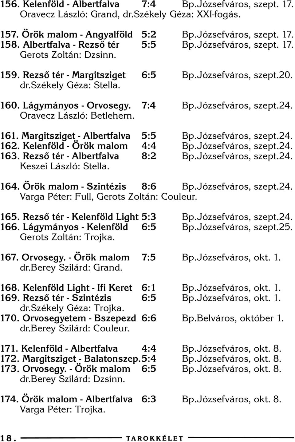 Józsefváros, szept.24. Oravecz László: Betlehem. 161. Margitsziget - Albertfalva 5:5 Bp.Józsefváros, szept.24. 162. Kelenföld - Örök malom 4:4 Bp.Józsefváros, szept.24. 163.