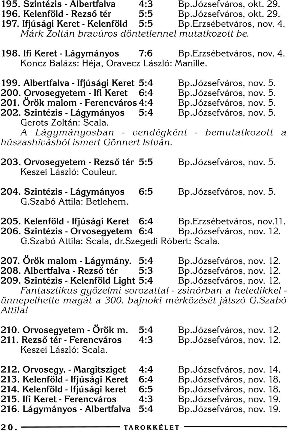 Orvosegyetem - Ifi Keret 6:4 Bp.Józsefváros, nov. 5. 201. Örök malom - Ferencváros 4:4 Bp.Józsefváros, nov. 5. 202. Szintézis - Lágymányos 5:4 Bp.Józsefváros, nov. 5. Gerots Zoltán: Scala.