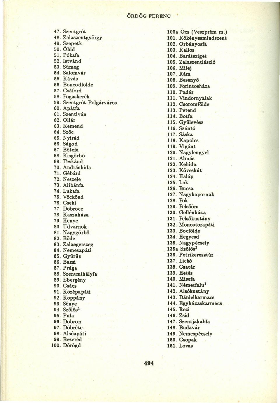 Döbröce 78. Kaszahá.za 79. Henye 80. Udvarnok 81. Nagygörbö 82. Böde 83. Zalaegerszeg 84. Nemesapáti 85. Gyürüs 86. Bazsi 87. Prága 88. Szentmihályfa 89. Ebergény 90. Csá.cs 91. Középapáti 92.