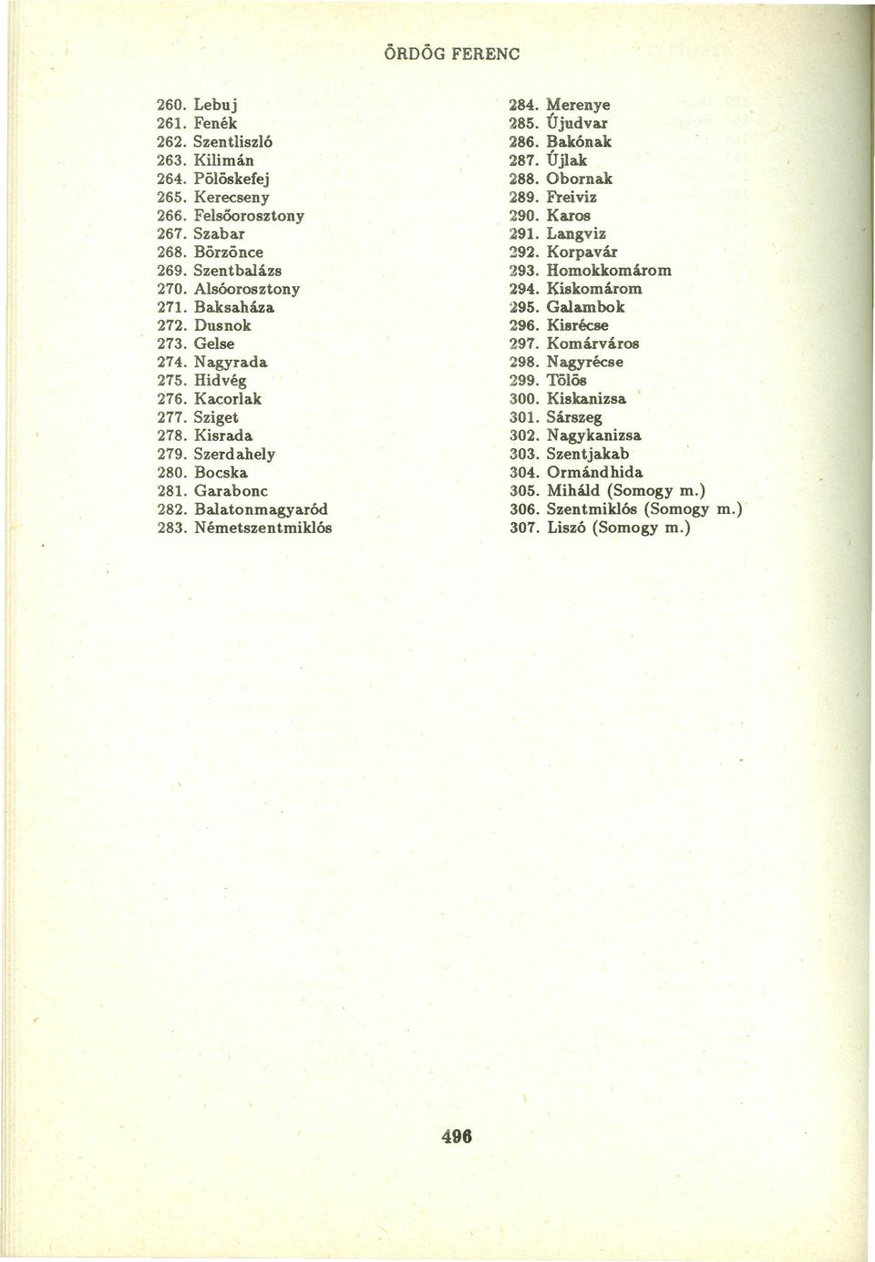 Németszentmiklós 284. Merenye 285. Újudvar 286. Bakónak 287. Újlak 288. Obornak 289. Freiviz 290. Karos 291. Langviz 292. Korpavár 293. Homokkomárom 294. Kiskomárom 295. Galambok 296.