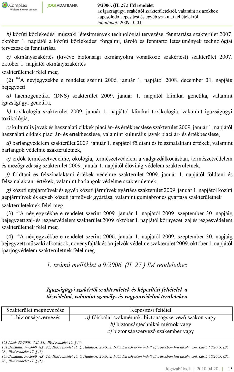 október 1. napjától okmányszakértés szakterületnek felel meg. (2) 103 A névjegyzékbe e rendelet szerint 2006. január 1. napjától 2008. december 31.