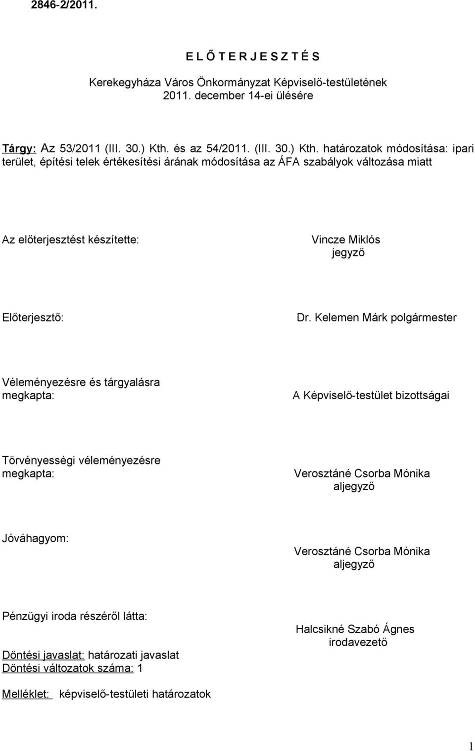 határozatok módosítása: ipari terület, építési telek értékesítési árának módosítása az ÁFA szabályok változása miatt Az előterjesztést készítette: Előterjesztő: Dr.