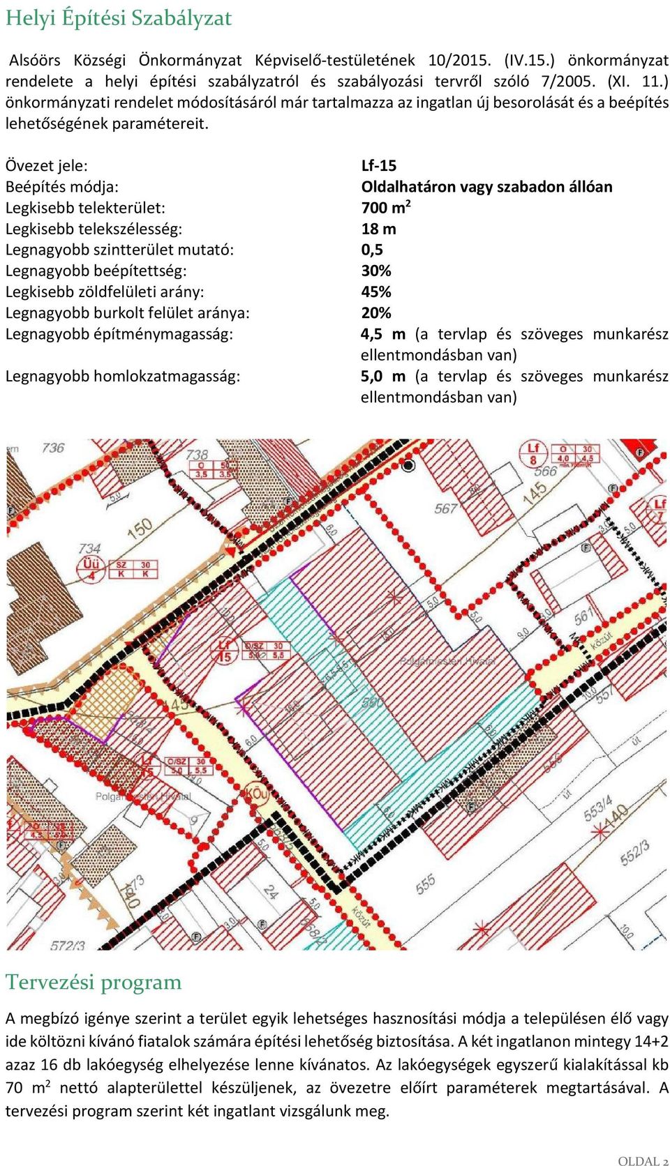 Övezet jele: Lf 15 Beépítés módja: Oldalhatáron vagy szabadon állóan Legkisebb telekterület: 700 m 2 Legkisebb telekszélesség: 18 m Legnagyobb szintterület mutató: 0,5 Legnagyobb beépítettség: 30%