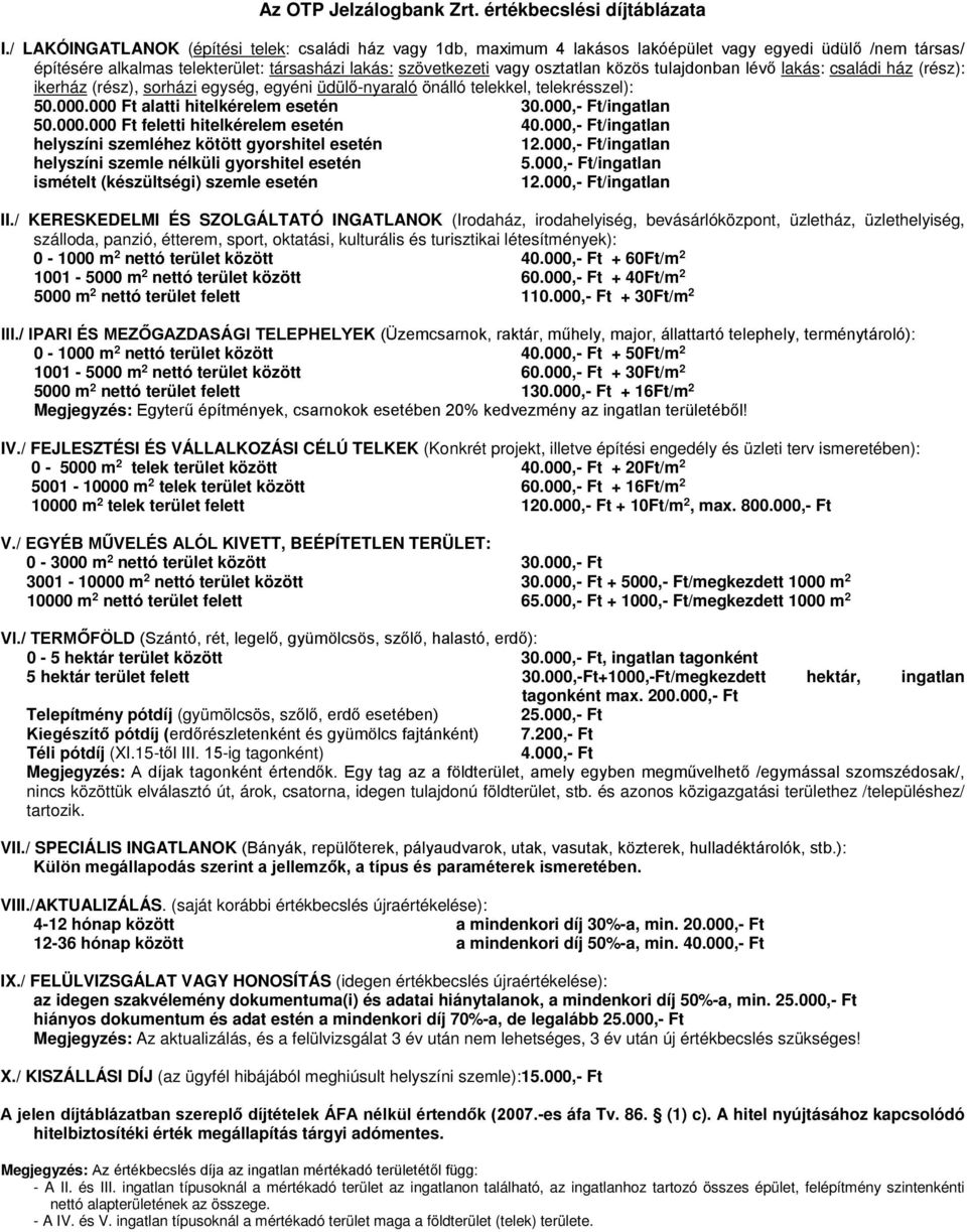 tulajdonban lévő lakás: családi ház (rész): ikerház (rész), sorházi egység, egyéni üdülő-nyaraló önálló telekkel, telekrésszel): 50.000.000 Ft alatti hitelkérelem esetén 30.000,- Ft/ingatlan 50.000.000 Ft feletti hitelkérelem esetén 40.