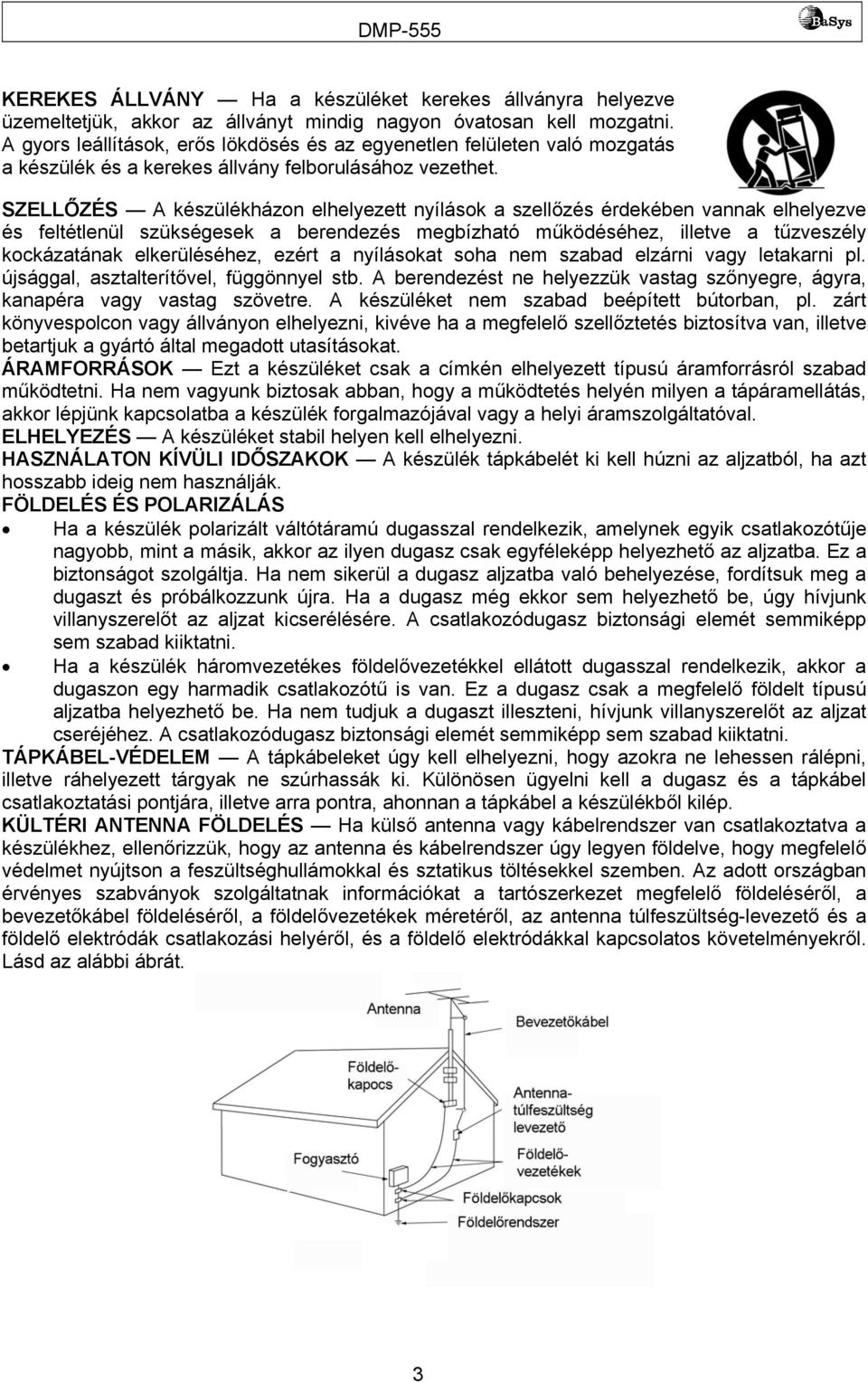 SZELLŐZÉS A készülékházon elhelyezett nyílások a szellőzés érdekében vannak elhelyezve és feltétlenül szükségesek a berendezés megbízható működéséhez, illetve a tűzveszély kockázatának elkerüléséhez,