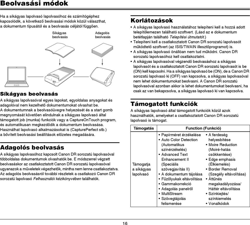 A dokumentumnak a beolvasóüvegre helyezését és a start gomb megnyomását követően elindulnak a síkágyas lapolvasó által támogatott job (munka) funkciók vagy a CaptureOnTouch program, és automatikusan