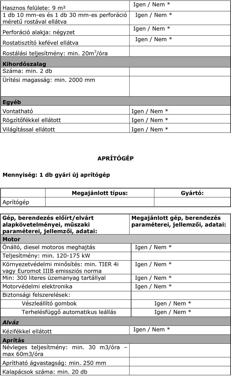 2000 mm Egyéb Vontatható Rögzítőfékkel ellátott Világítással ellátott APRÍTÓGÉP Mennyiség: 1 db gyári új aprítógép Aprítógép Gép, berendezés előírt/elvárt Motor Önálló, diesel motoros meghajtás