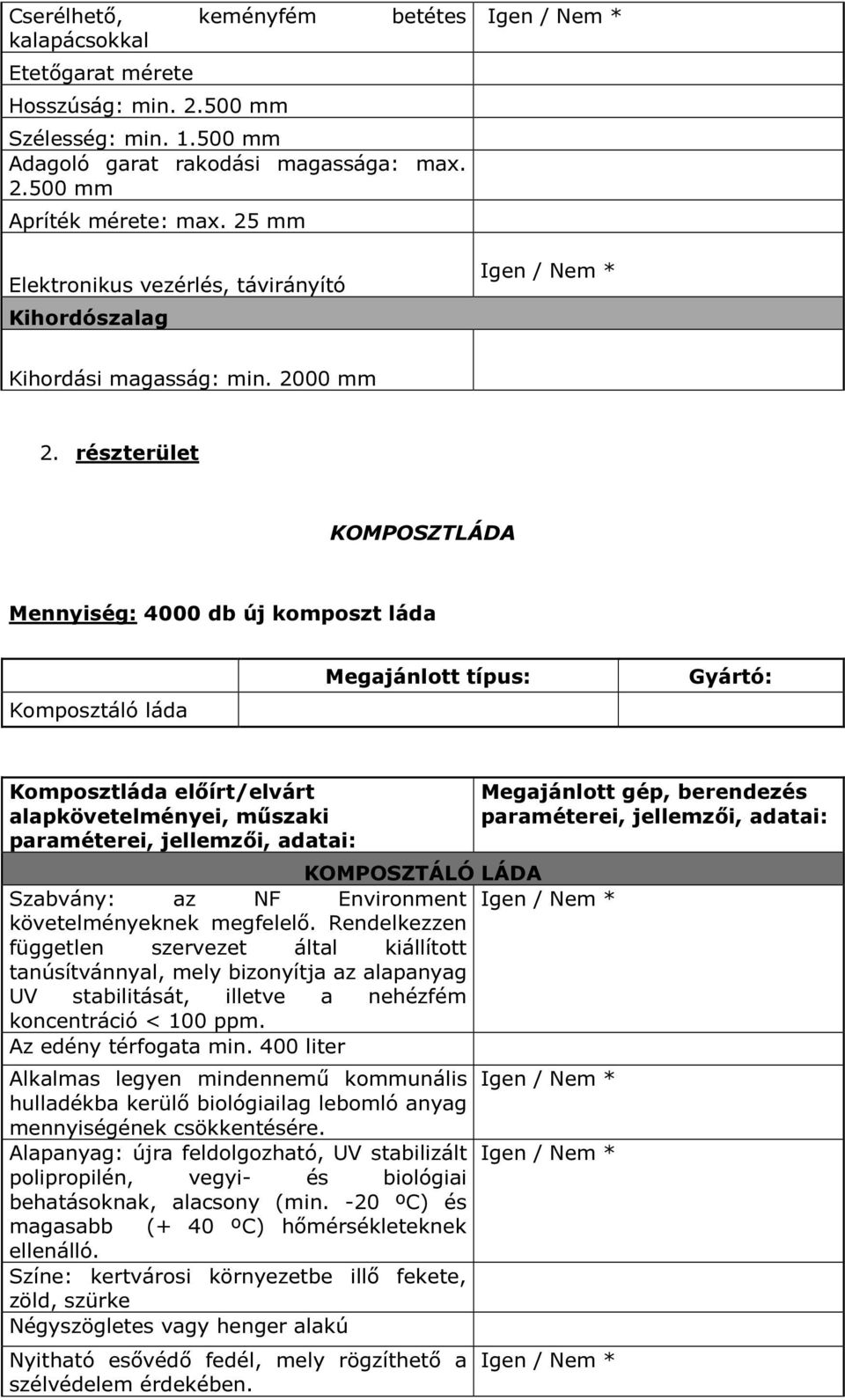 részterület KOMPOSZTLÁDA Mennyiség: 4000 db új komposzt láda Komposztáló láda Komposztláda előírt/elvárt KOMPOSZTÁLÓ LÁDA Szabvány: az NF Environment követelményeknek megfelelő.