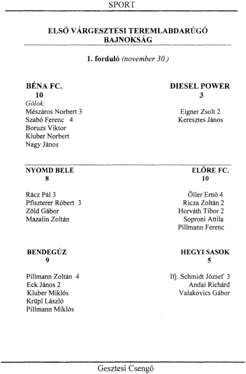 NYOMD BELE 8 Rácz Pál 3 Pfiszterer Róbert 3 Zöld Gábor Mazalin Zoltán ELŐRE FC.