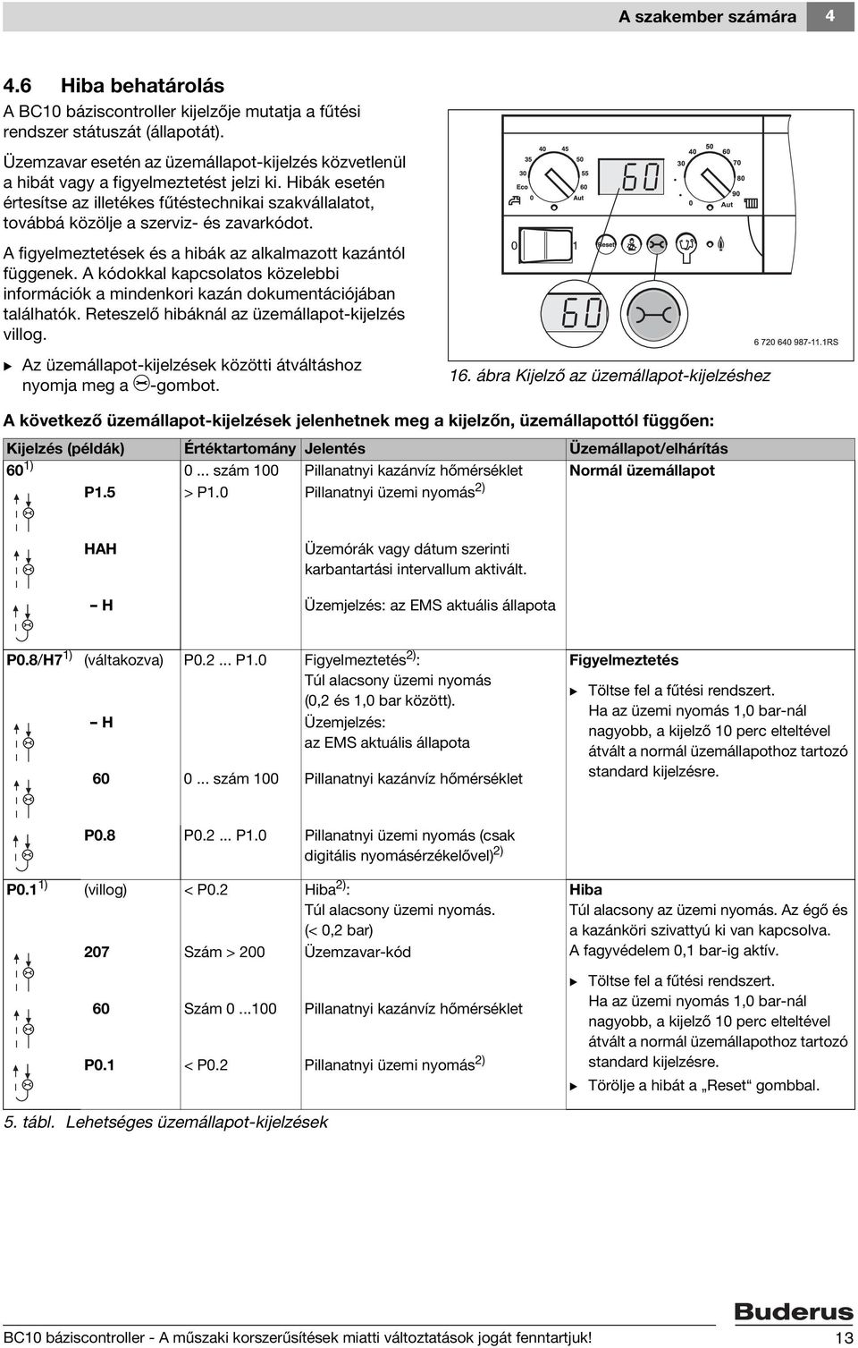 Hibák esetén értesítse az illetékes fűtéstechnikai szakvállalatot, továbbá közölje a szerviz- és zavarkódot. A figyelmeztetések és a hibák az alkalmazott kazántól függenek.