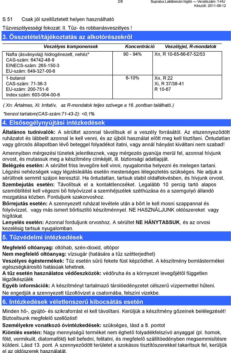 649-327-00-6 1-butanol CAS-szám: 71-36-3 EU-szám: 200-751-6 Index szám: 603-004-00-6 90-94% Xn, R 10-65-66-67-52/53 6-10% Xn, R 22 Xi, R 37/38-41 R 10-67 ( Xn: Ártalmas, Xi: Irritatív, az R-mondatok