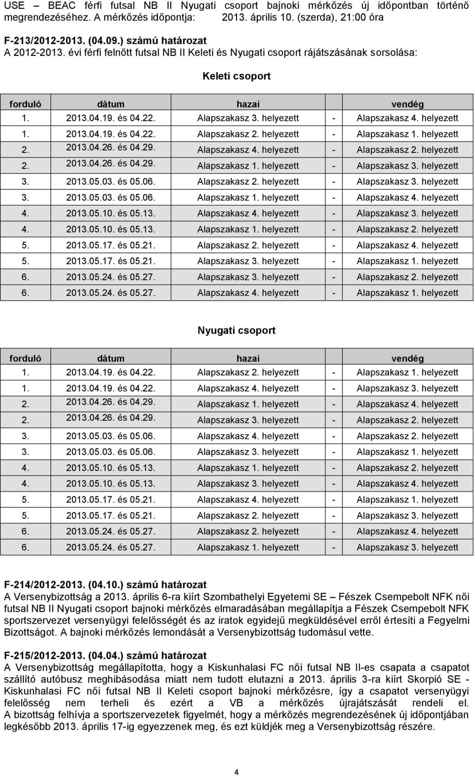 helyezett - Alapszakasz 4. helyezett 1. 2013.04.19. és 04.22. Alapszakasz 2. helyezett - Alapszakasz 1. helyezett 2. 2013.04.26. és 04.29. Alapszakasz 4. helyezett - Alapszakasz 2. helyezett 2. 2013.04.26. és 04.29. Alapszakasz 1. helyezett - Alapszakasz 3.