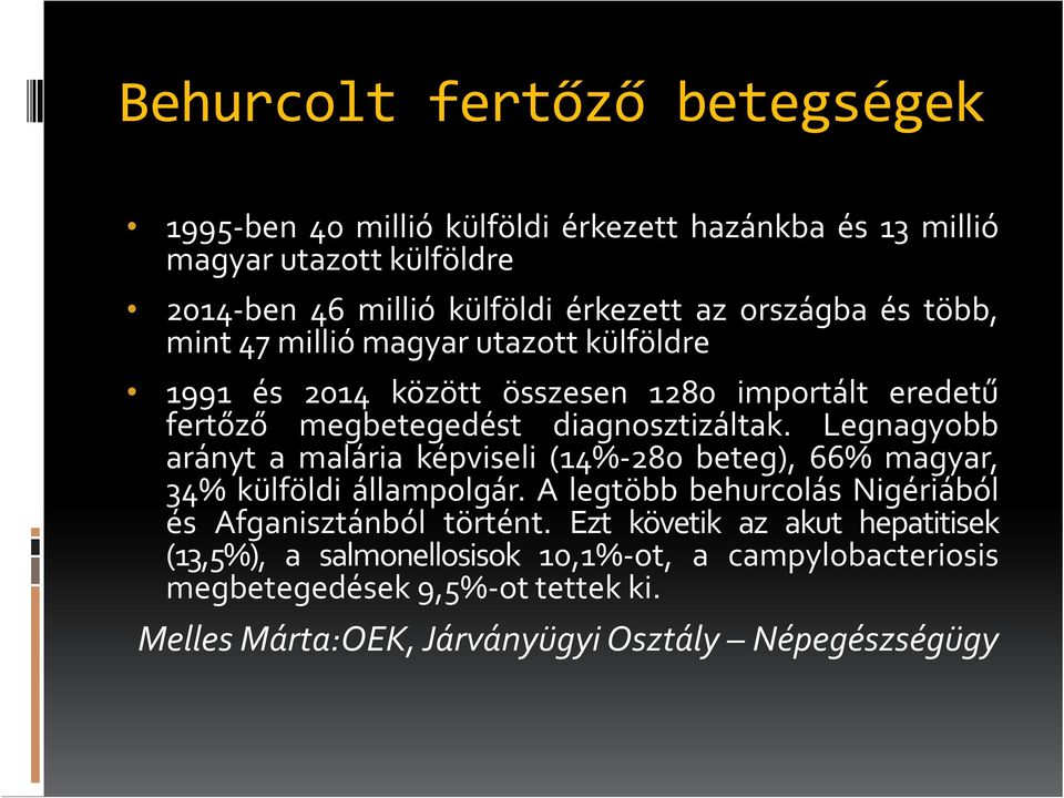 Legnagyobb arányt a malária képviseli (14%-280 beteg), 66% magyar, 34% külföldi állampolgár. A legtöbb behurcolás Nigériából és Afganisztánból történt.