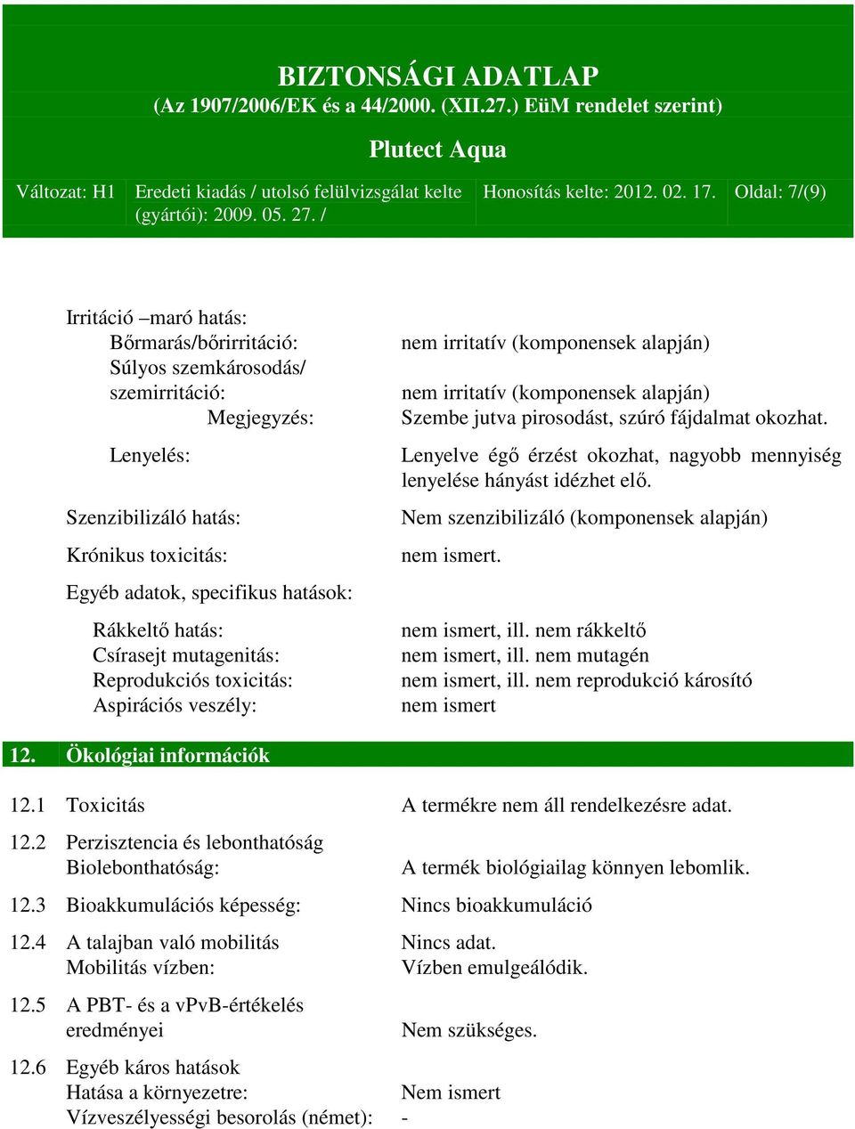 Rákkeltő hatás: Csírasejt mutagenitás: Reprodukciós toxicitás: Aspirációs veszély: nem irritatív (komponensek alapján) nem irritatív (komponensek alapján) Szembe jutva pirosodást, szúró fájdalmat