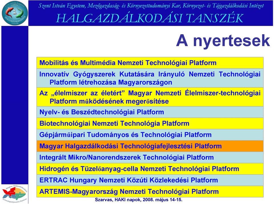 Technológia Platform Gépjárműipari Tudományos és Technológiai Platform Magyar Halgazdálkodási Technológiafejlesztési Platform Integrált Mikro/Nanorendszerek