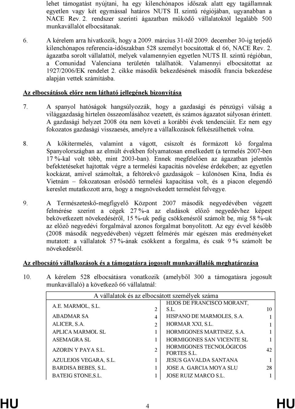 december 30-ig terjedő kilenchónapos referencia-időszakban 528 személyt bocsátottak el 66, NACE Rev. 2. ágazatba sorolt vállalattól, melyek valamennyien egyetlen NUTS II.