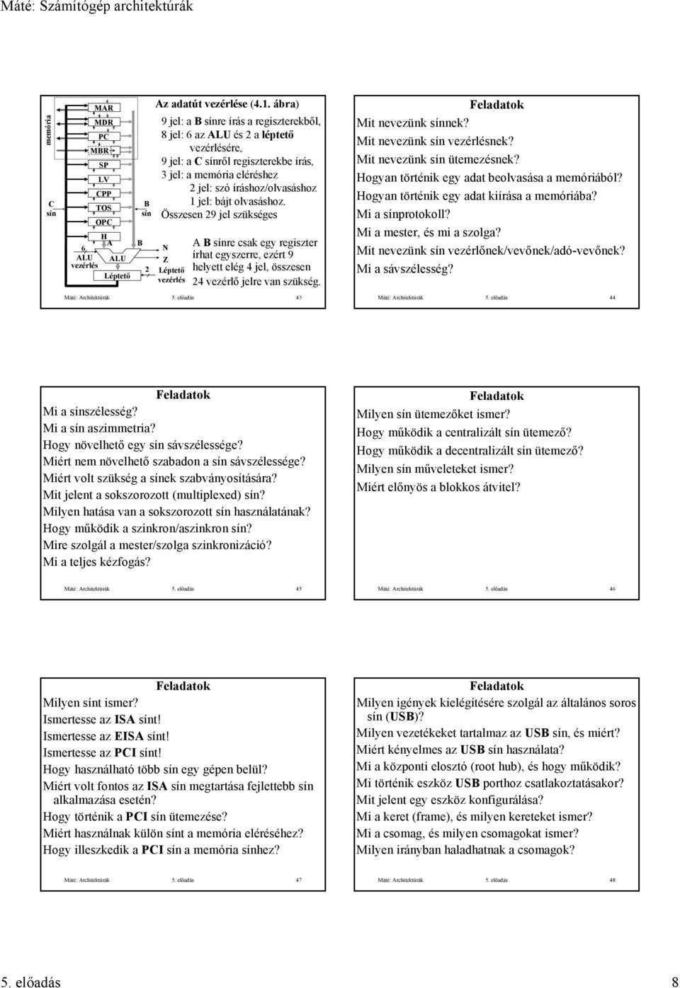 ogyan történik egy adat beolvasása a? ogyan történik egy adat kiírása a? Mi a protokoll? Mi a mester, és mi a szolga? Mit nevezünk nek/vevőnek/adó-vevőnek? Mi a sávszélesség? Máté: rchitektúrák 5.