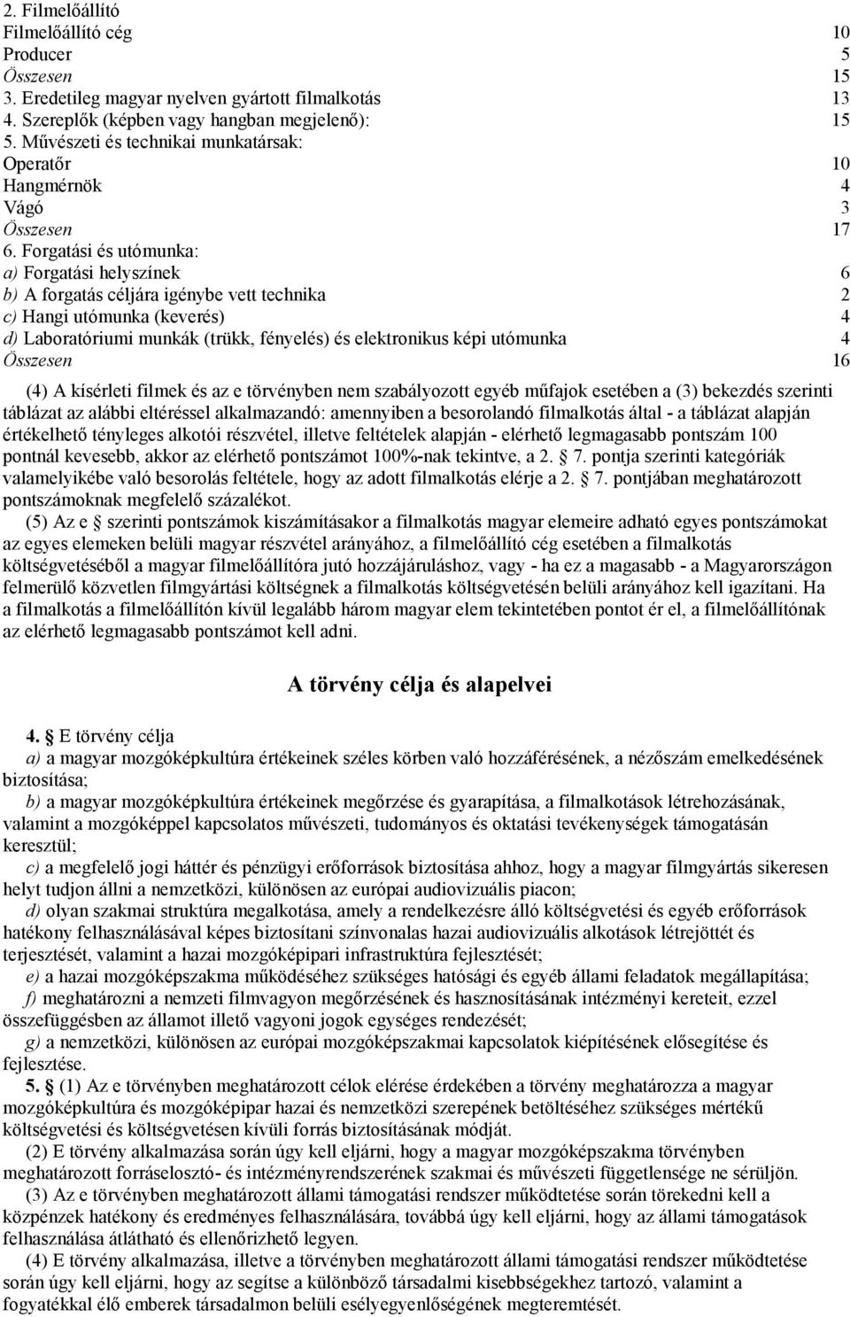 Forgatási és utómunka: a) Forgatási helyszínek 6 b) A forgatás céljára igénybe vett technika 2 c) Hangi utómunka (keverés) 4 d) Laboratóriumi munkák (trükk, fényelés) és elektronikus képi utómunka 4