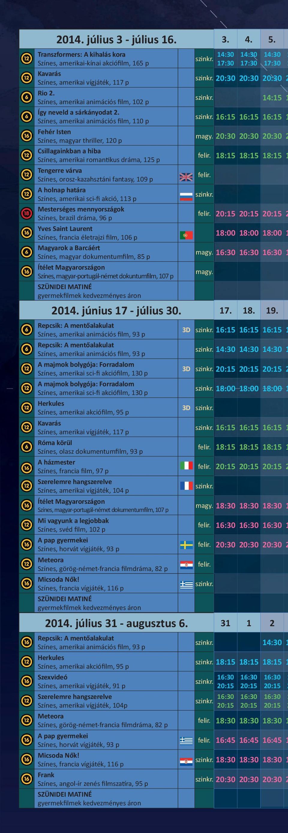 Színes, amerikai animációs film, 110 p Fehér Isten Színes, magyar thriller, 120 p Csillagainkban a hiba Színes, amerikai romantikus dráma, 125 p Tengerre várva Színes, orosz-kazahsztáni fantasy, 109