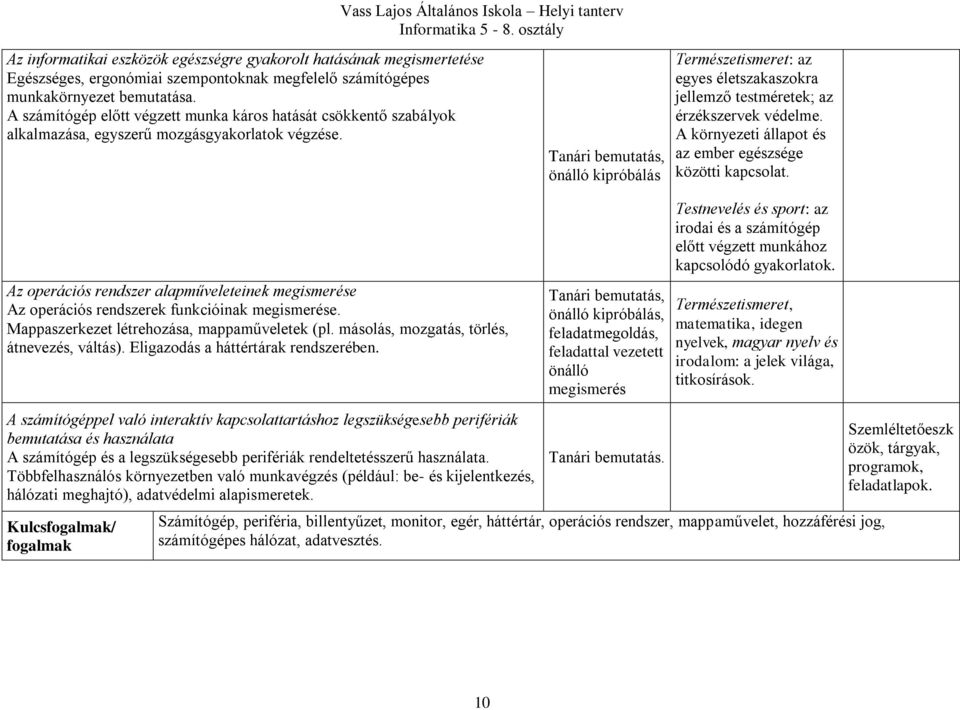 Tanári bemutatás, önálló kipróbálás Természetismeret: az egyes életszakaszokra jellemző testméretek; az érzékszervek védelme. A környezeti állapot és az ember egészsége közötti kapcsolat.