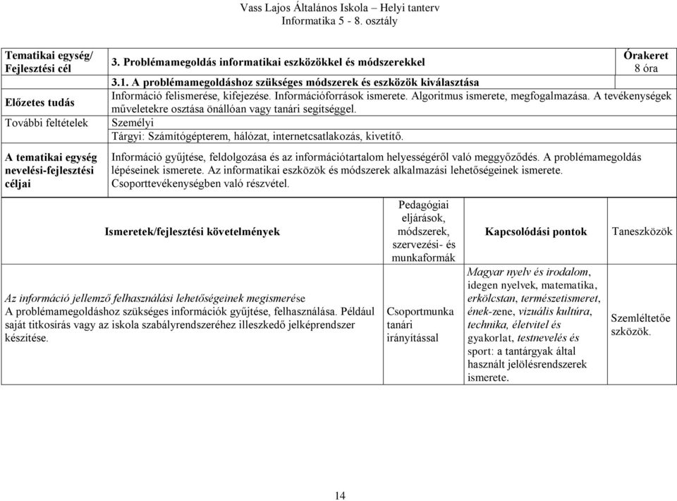 A tevékenységek műveletekre osztása önállóan vagy tanári segítséggel. Tárgyi: Számítógépterem, hálózat, internetcsatlakozás, kivetítő.