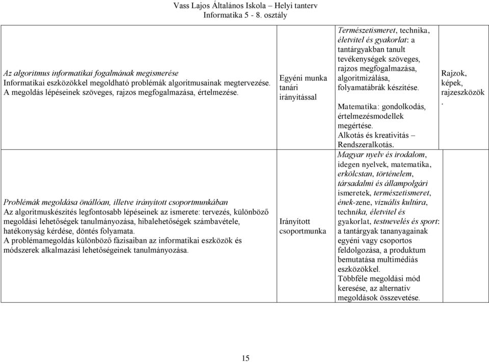 számbavétele, hatékonyság kérdése, döntés folyamata. A problémamegoldás különböző fázisaiban az informatikai eszközök és módszerek alkalmazási lehetőségeinek tanulmányozása.