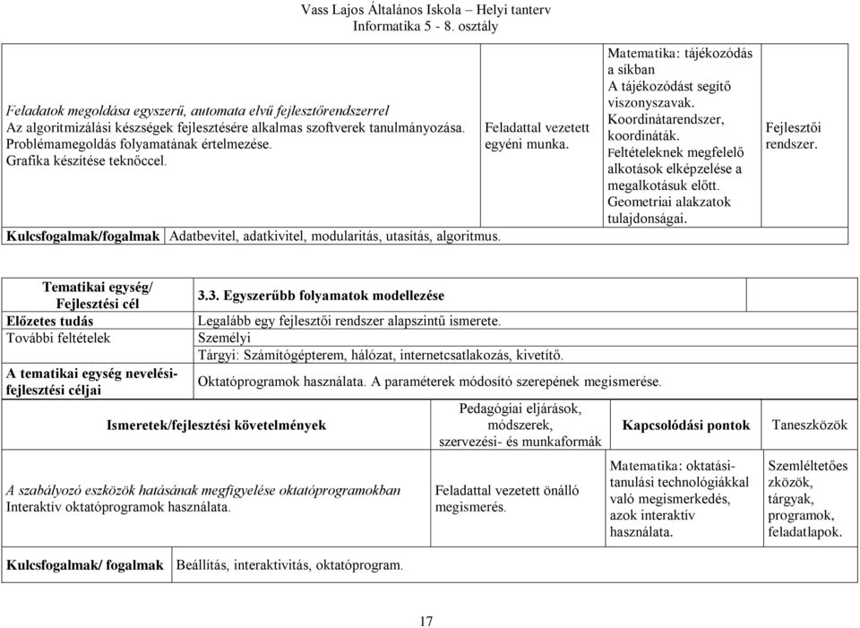 Matematika: tájékozódás a síkban A tájékozódást segítő viszonyszavak. Koordinátarendszer, koordináták. Feltételeknek megfelelő alkotások elképzelése a megalkotásuk előtt.