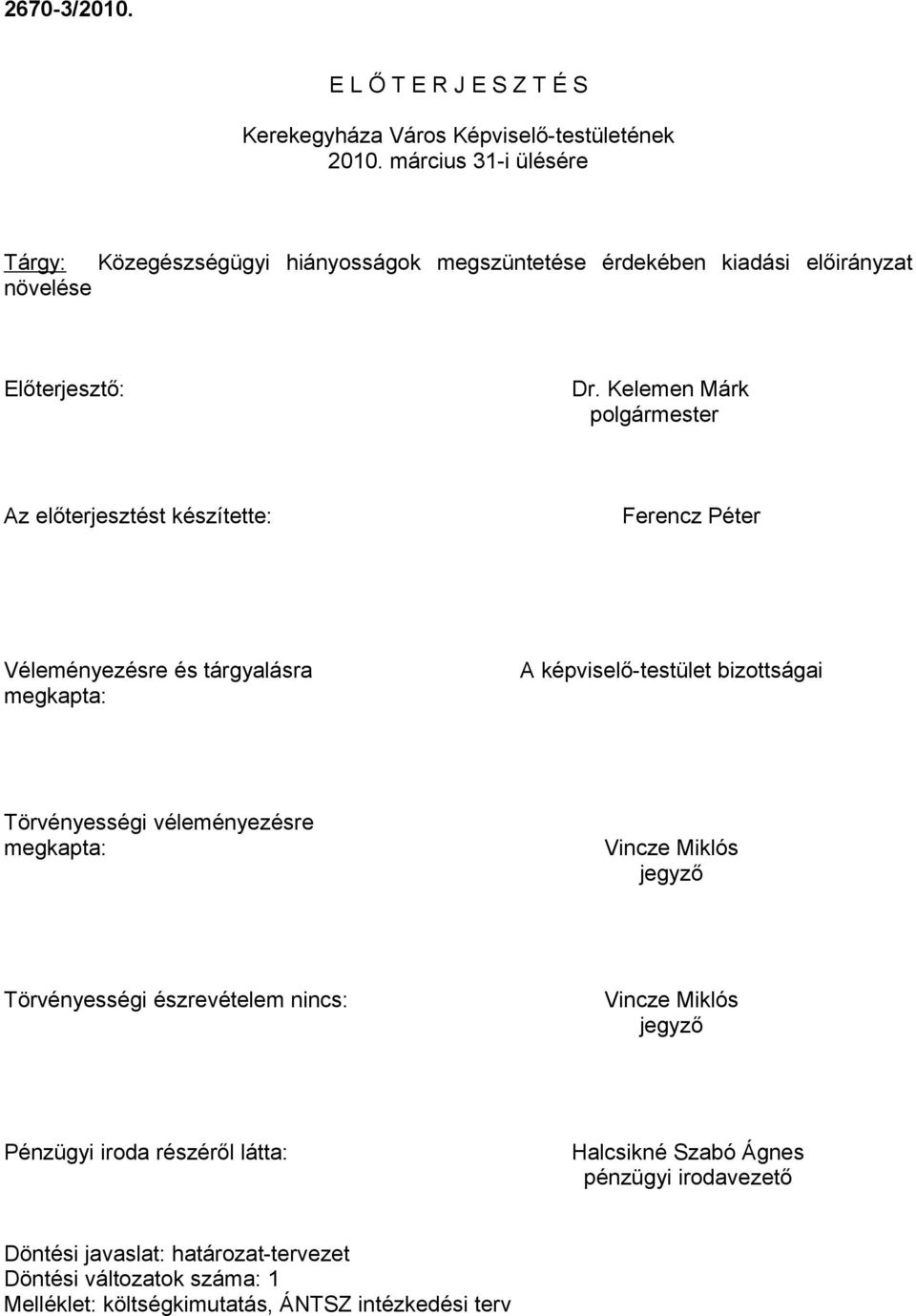 Kelemen Márk Az előterjesztést készítette: Ferencz Péter Véleményezésre és tárgyalásra megkapta: A képviselő-testület bizottságai Törvényességi véleményezésre