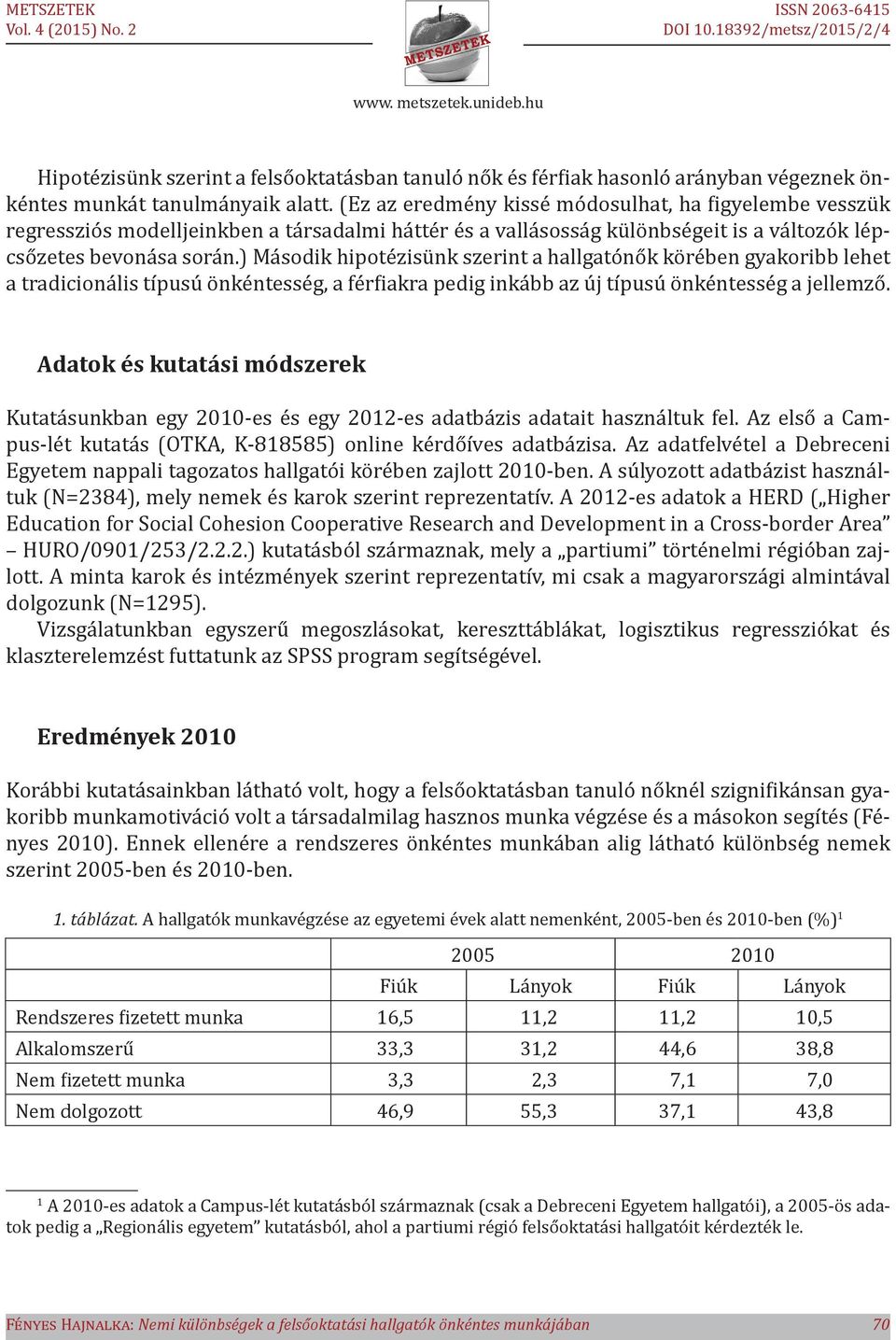 ) Második hipotézisünk szerint a hallgatónők körében gyakoribb lehet a tradicionális típusú önkéntesség, a férfiakra pedig inkább az új típusú önkéntesség a jellemző.