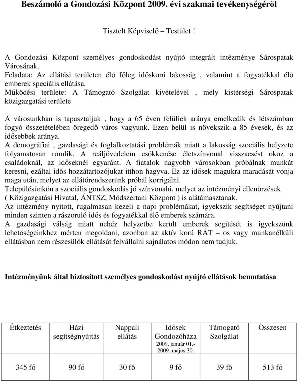 Mőködési területe: A Támogató Szolgálat kivételével, mely kistérségi Sárospatak közigazgatási területe A városunkban is tapasztaljuk, hogy a 65 éven felüliek aránya emelkedik és létszámban fogyó