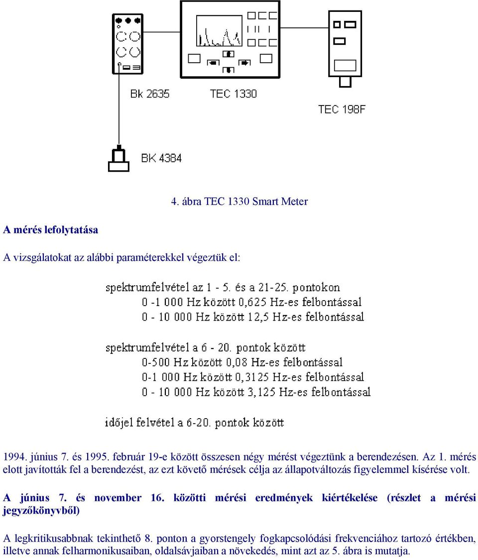 mérés elott javították fel a berendezést, az ezt követő mérések célja az állapotváltozás figyelemmel kísérése volt. A június 7. és november 16.