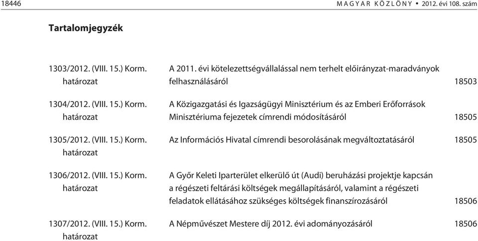 évi kötelezettségvállalással nem terhelt elõirányzat-maradványok felhasználásáról 18503 A Közigazgatási és Igazságügyi Minisztérium és az Emberi Erõforrások Minisztériuma fejezetek címrendi