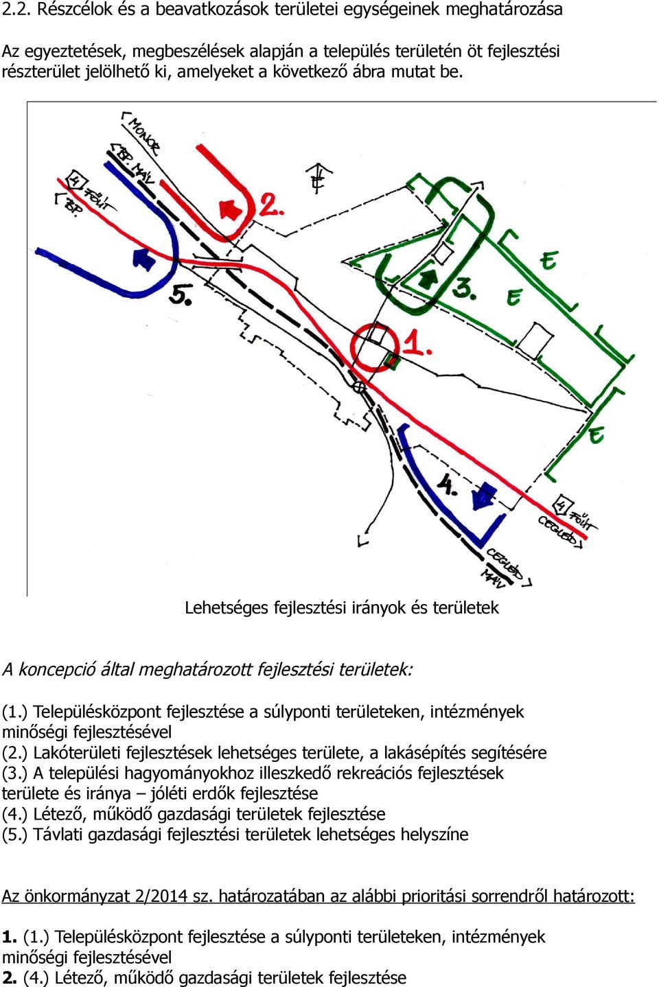 ) Településközpont fejlesztése a súlyponti területeken, intézmények minőségi fejlesztésével (2.) Lakóterületi fejlesztések lehetséges területe, a lakásépítés segítésére (3.