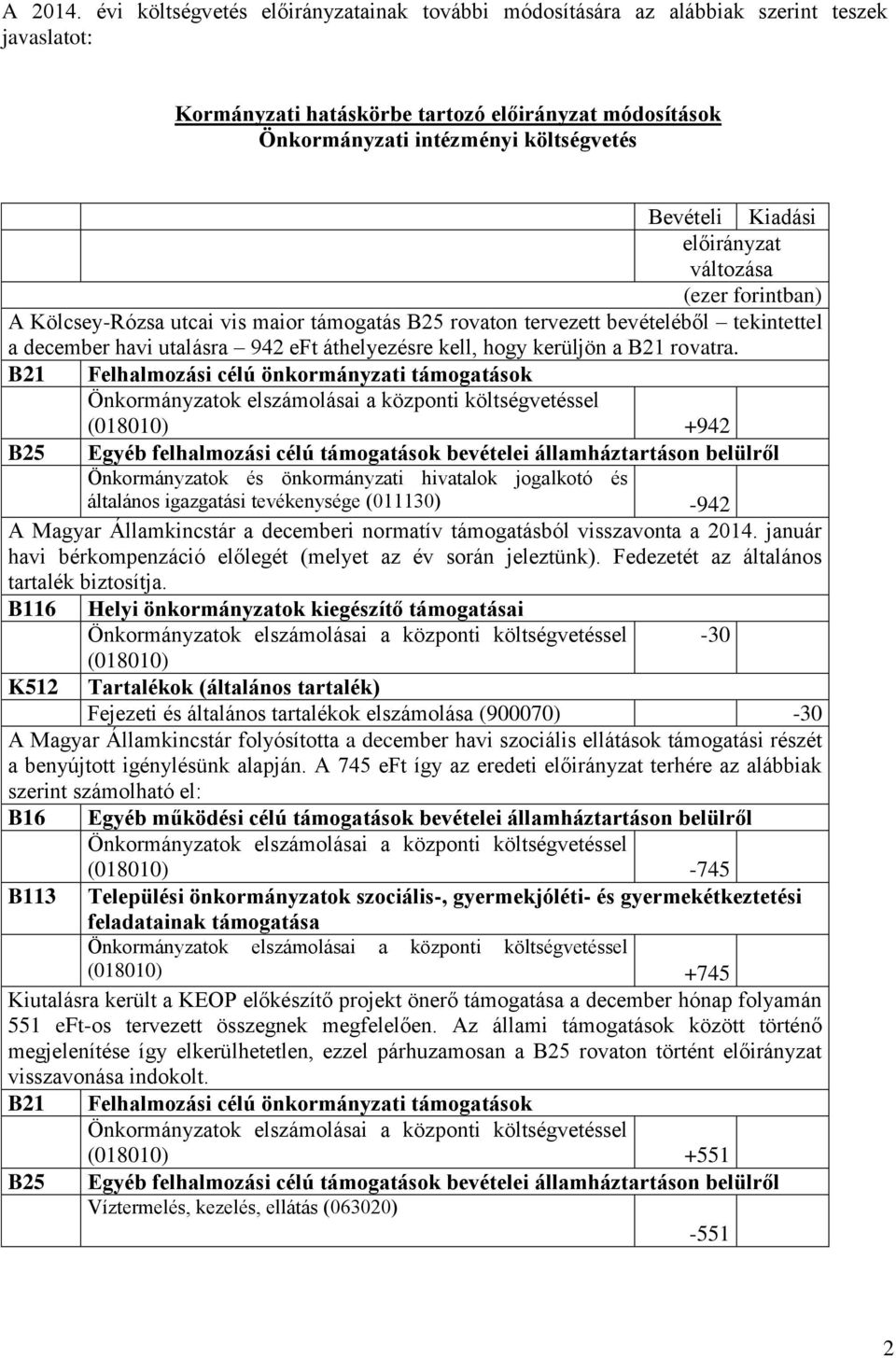 támogatás B25 rovaton tervezett bevételéből tekintettel a december havi utalásra 942 eft áthelyezésre kell, hogy kerüljön a B21 rovatra.