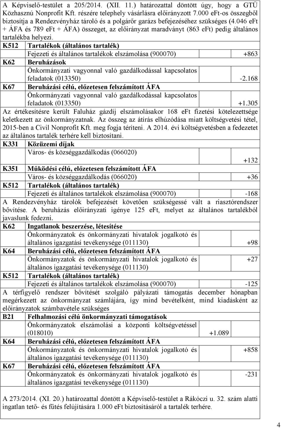 046 eft + ÁFA és 789 eft + ÁFA) összeget, az maradványt (863 eft) pedig általános tartalékba helyezi.