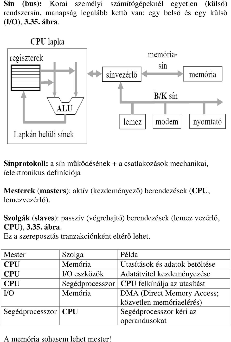 Szolgák (slaves): passzív (végrehajtó) berendezések (lemez vezérlı, CPU), 3.35. ábra. Ez a szereposztás tranzakciónként eltérı lehet.