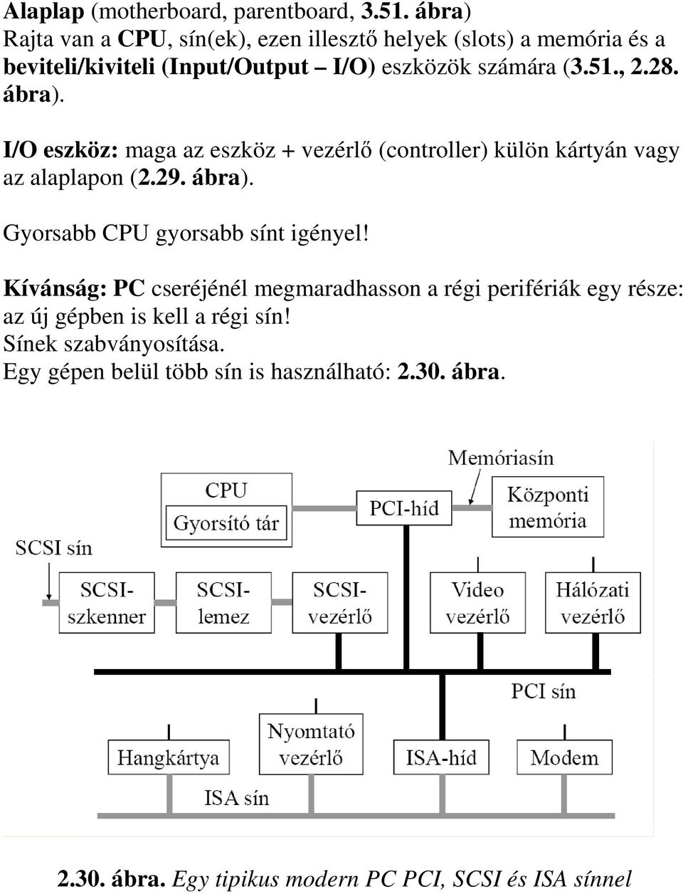 28. ábra). I/O eszköz: maga az eszköz + vezérlı (controller) külön kártyán vagy az alaplapon (2.29. ábra). Gyorsabb CPU gyorsabb sínt igényel!