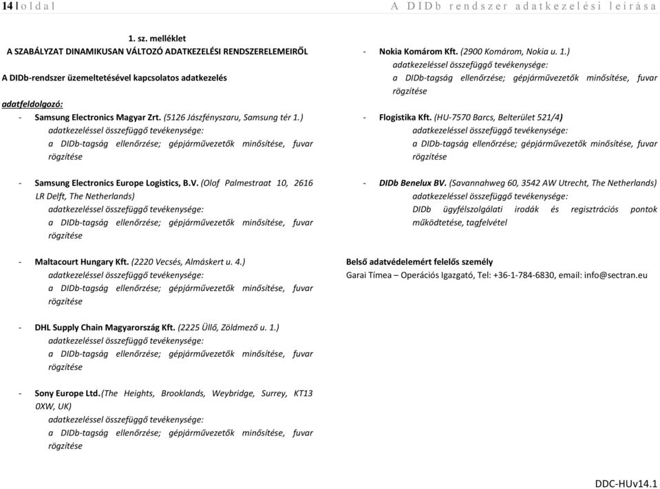 (5126 Jászfényszaru, Samsung tér 1.) a DIDb-tagság ellenőrzése; gépjárművezetők minősítése, fuvar rögzítése - Samsung Electronics Europe Logistics, B.V.