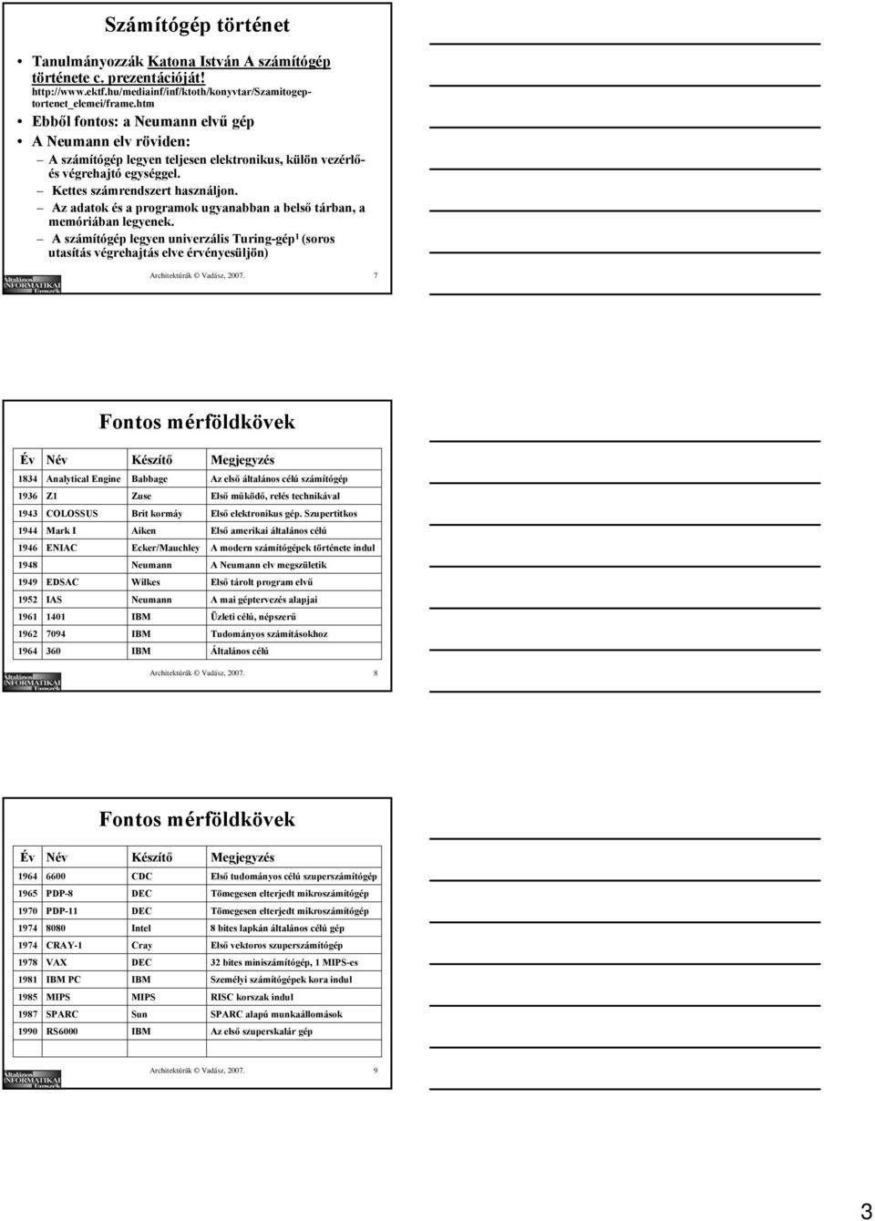 Az adatok és a programok ugyanabban a belső tárban, a memóriában legyenek. A számítógép legyen univerzális Turing-gép 1 (soros utasítás végrehajtás elve érvényesüljön) Architektúrák Vadász, 2007.