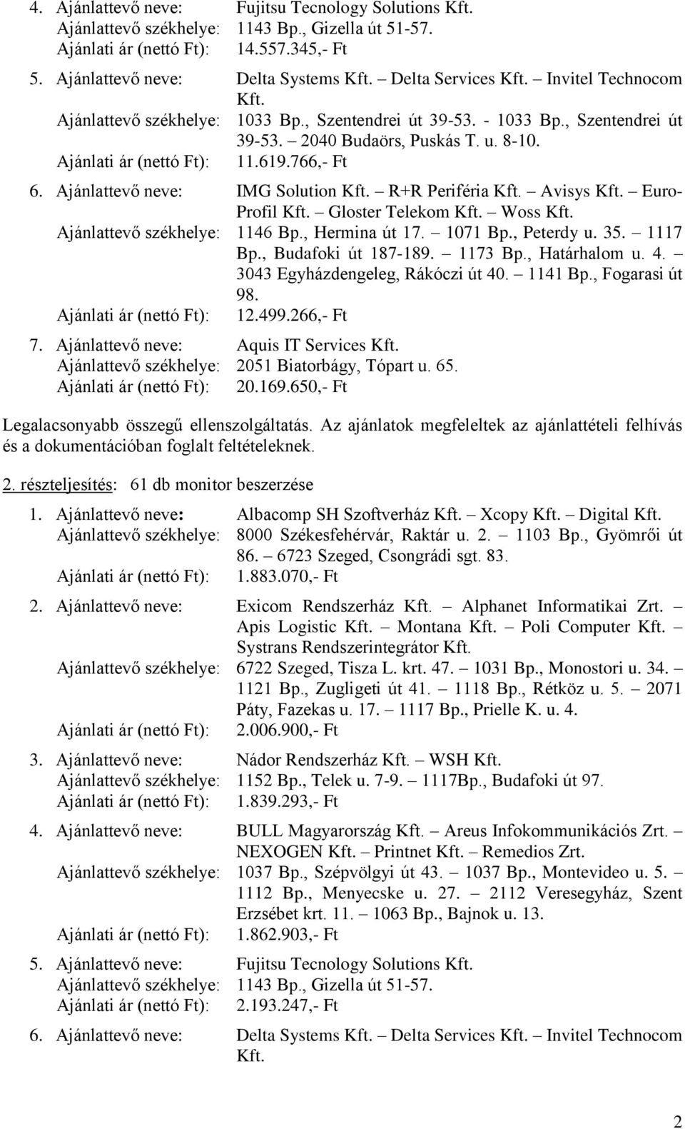 766,- Ft 6. Ajánlattevő neve: IMG Solution Kft. R+R Periféria Kft. Avisys Kft. Euro- Profil Kft. Gloster Telekom Kft. Woss Kft. Ajánlattevő székhelye: 1146 Bp., Hermina út 17. 1071 Bp., Peterdy u. 35.