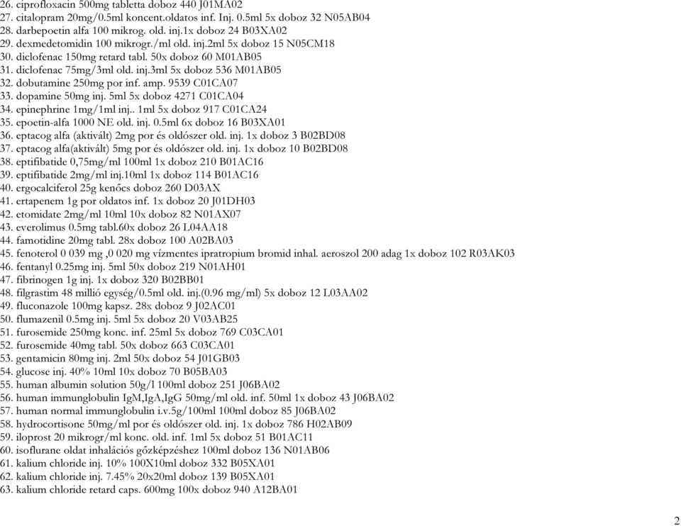 dobutamine 250mg por inf. amp. 9539 C01CA07 33. dopamine 50mg inj. 5ml 5x doboz 4271 C01CA04 34. epinephrine 1mg/1ml inj.. 1ml 5x doboz 917 C01CA24 35. epoetin-alfa 1000 NE old. inj. 0.