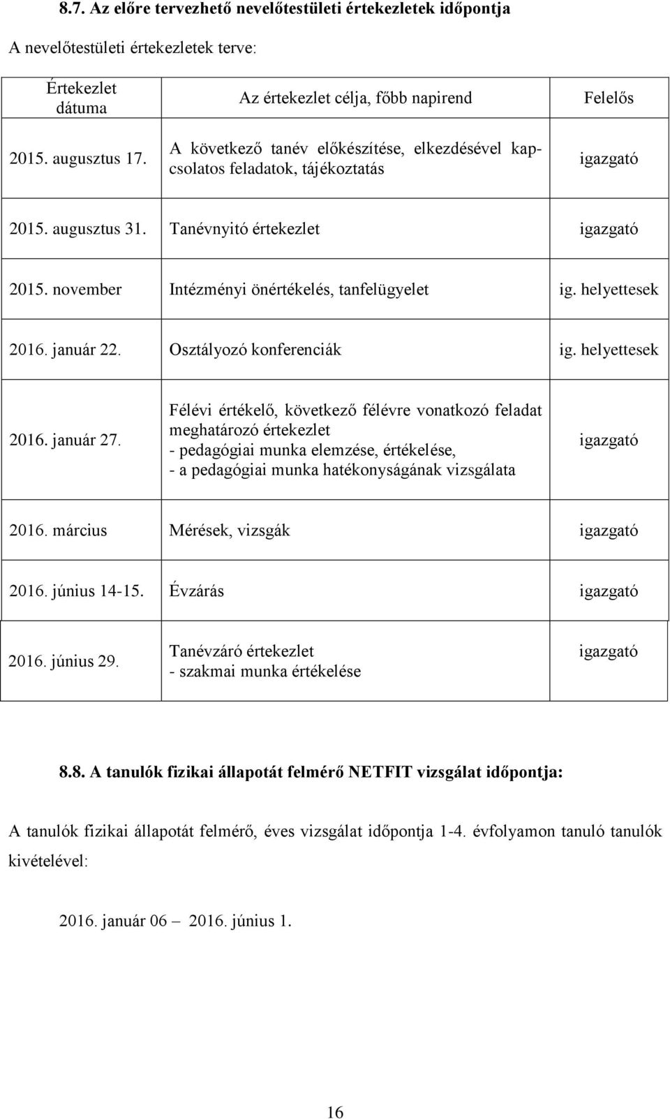 november Intézményi önértékelés, tanfelügyelet ig. helyettesek 2016. január 22. Osztályozó konferenciák ig. helyettesek 2016. január 27.