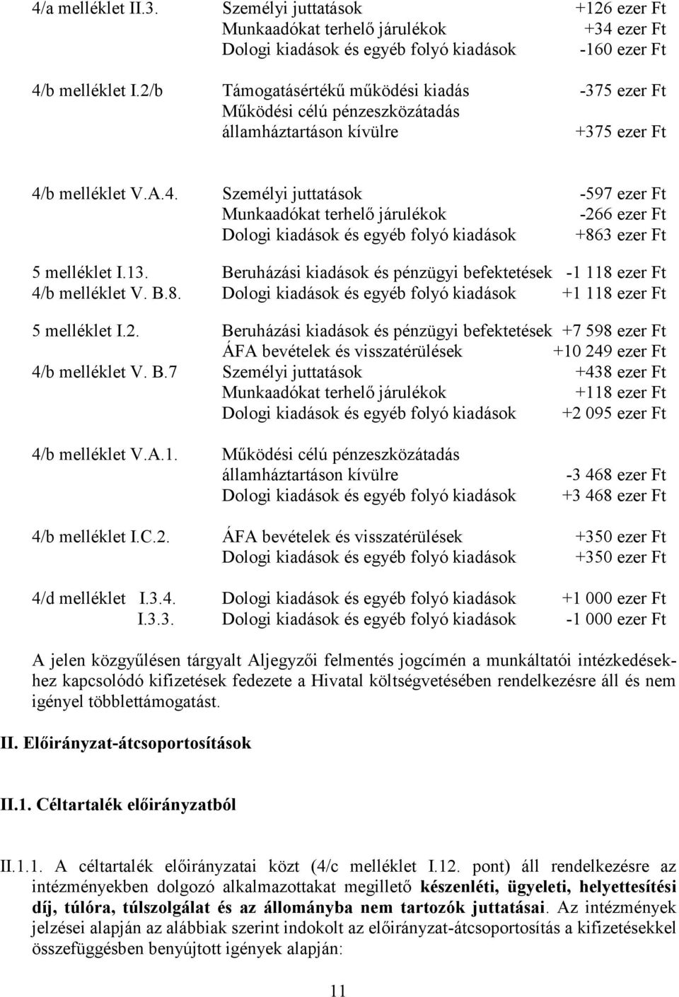 b melléklet V.A.4. Személyi juttatások -597 Munkaadókat terhelő járulékok -266 Dologi kiadások és egyéb folyó kiadások +863 5 melléklet I.13.