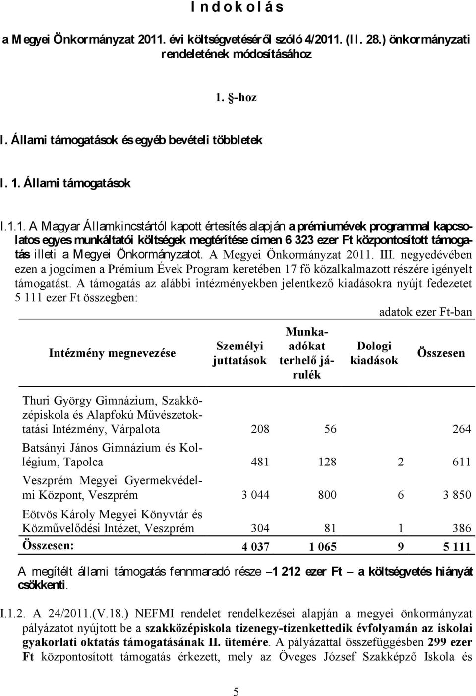 A Megyei Önkormányzat 2011. III. negyedévében ezen a jogcímen a Prémium Évek Program keretében 17 fő közalkalmazott részére igényelt támogatást.