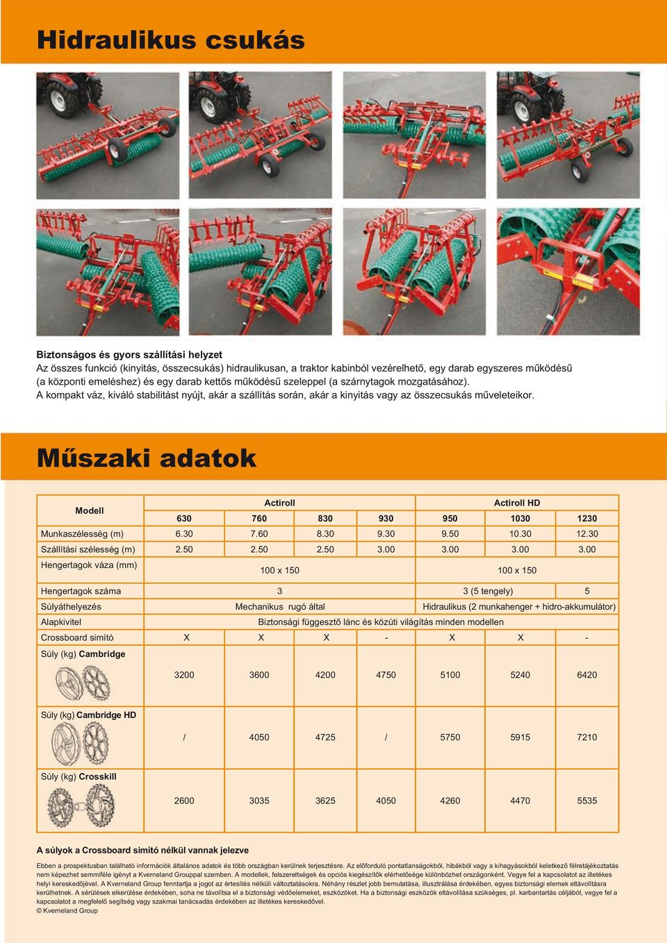 Műszaki adatok Modell Actiroll Actiroll HD 630 760 830 930 950 1030 1230 Munkaszélesség (m) 6.30 7.60 8.30 9.30 9.50 10.30 12.30 Szállítási szélesség (m) 2.50 2.50 2.50 3.00 3.