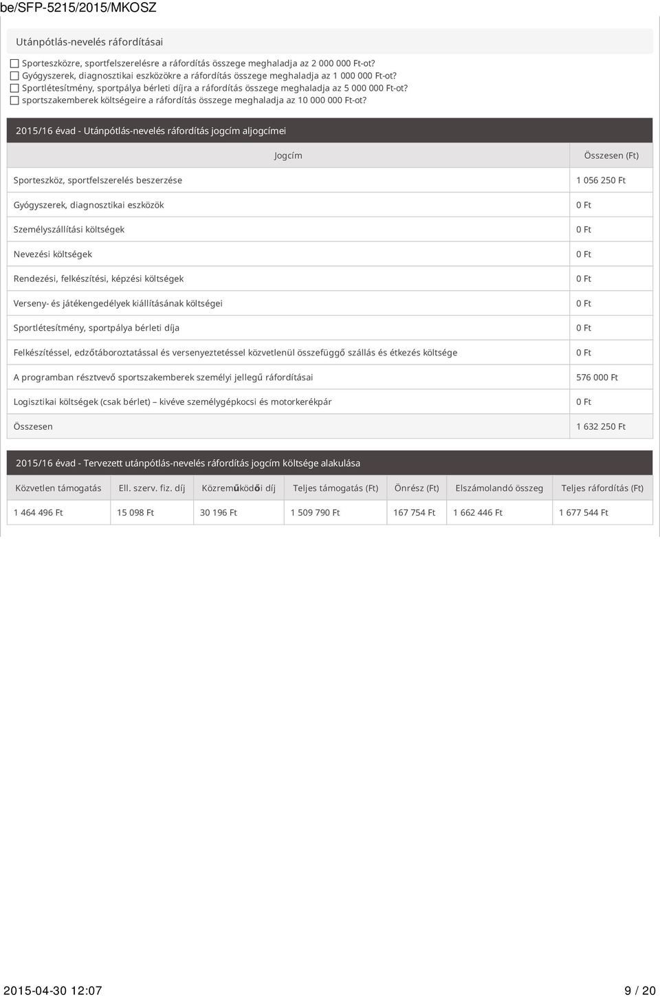 2015/16 évad - Utánpótlás-nevelés ráfordítás jogcím aljogcímei Jogcím Összesen (Ft) Sporteszköz, sportfelszerelés beszerzése Gyógyszerek, diagnosztikai eszközök Személyszállítási költségek Nevezési