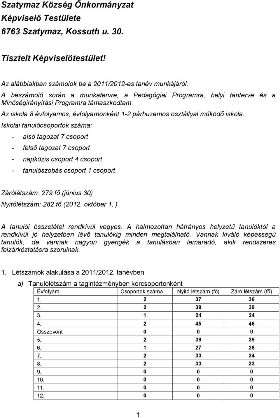 Iskolai tanulócsoportok száma: - alsó tagozat 7 csoport - felső tagozat 7 csoport - napközis csoport 4 csoport - tanulószobás csoport 1 csoport Zárólétszám: 279 fő (június 30) Nyitólétszám: 282 fő