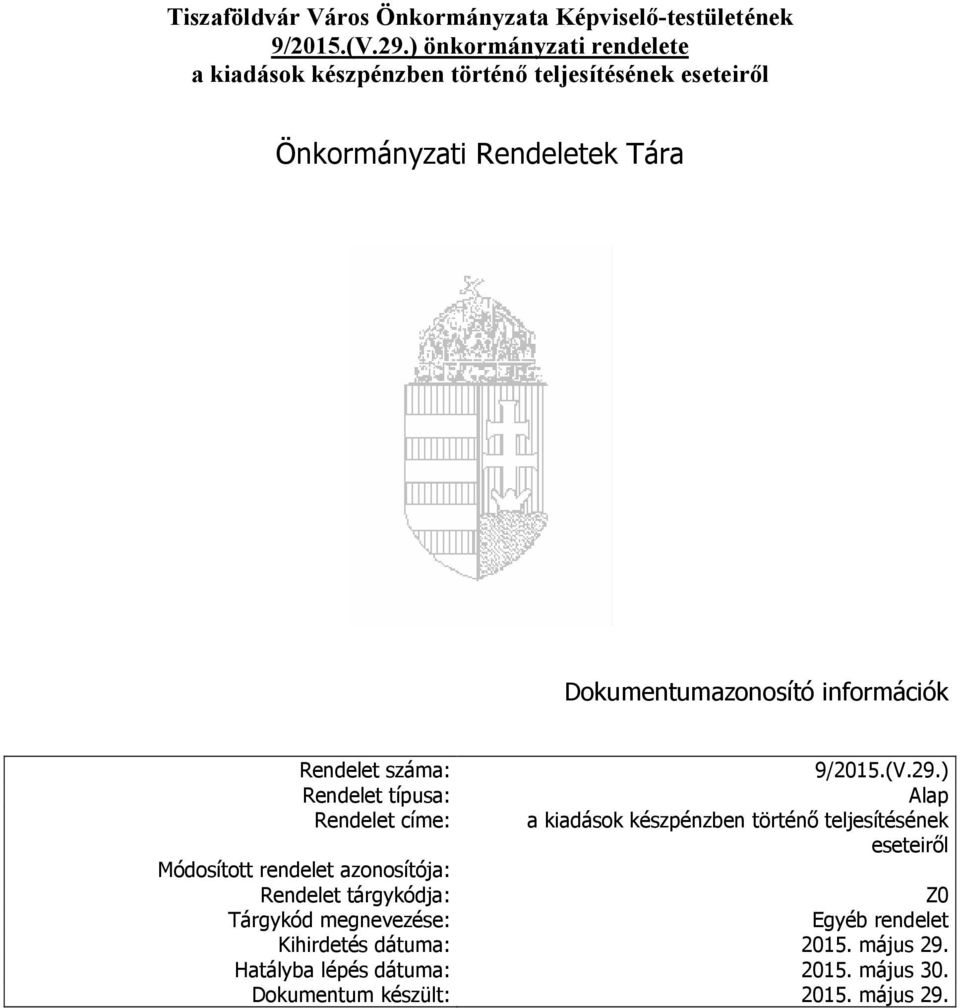 típusa: Rendelet címe: Módosított rendelet azonosítója: Rendelet tárgykódja: Tárgykód megnevezése: 9/2015.(V.29.