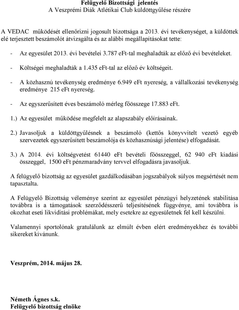 - Költségei meghaladták a 1.435 eft-tal az előző év költségeit. - A közhasznú tevékenység eredménye 6.949 eft nyereség, a vállalkozási tevékenység eredménye 215 eft nyereség.